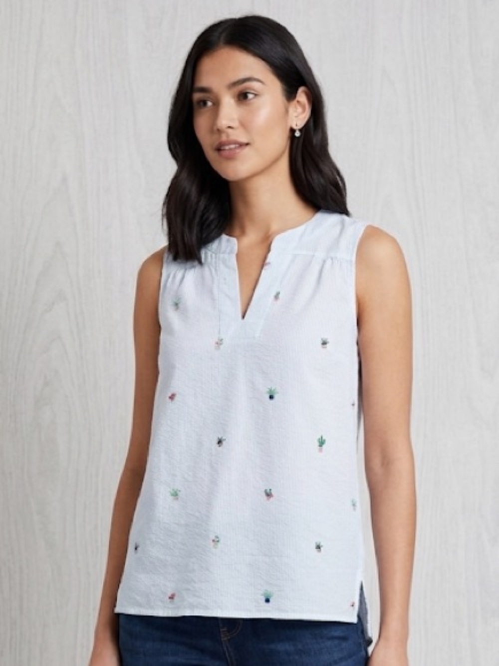 Joules Women Shirt Pullover 100% Linen Sleeveless Blue Striped Plants Size US 2